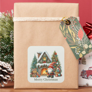 Pegatina Cuadrada Feliz Navidad Santa gnome agregar texto