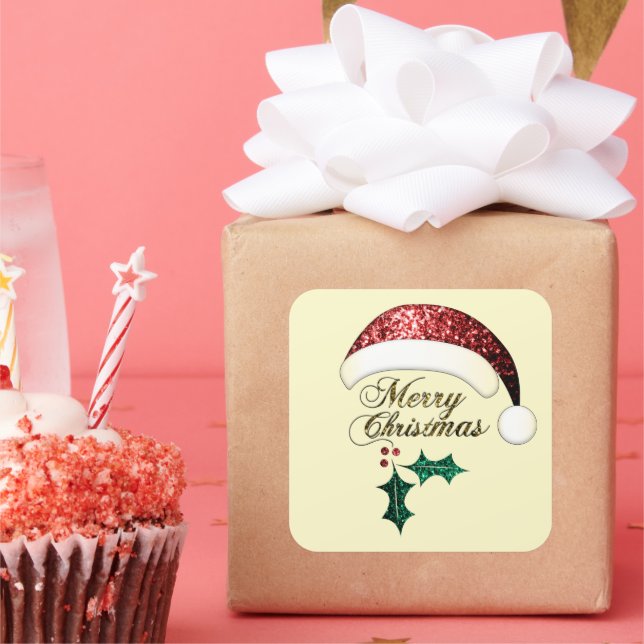 Pegatina Cuadrada Feliz Navidad Santa hat Red Gold Green Sparkings (Fiesta)