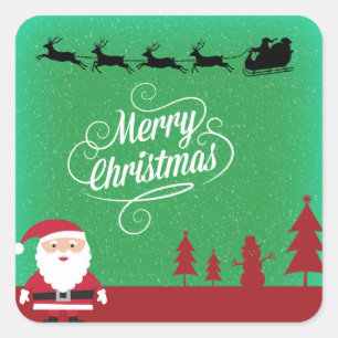 Pegatina Cuadrada Feliz Navidad Santa Reindeer Snowflakes Green