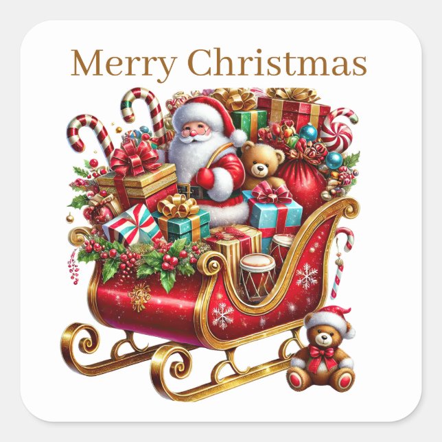 Pegatina Cuadrada Feliz Navidad Santa sleigh agrega texto (Anverso)
