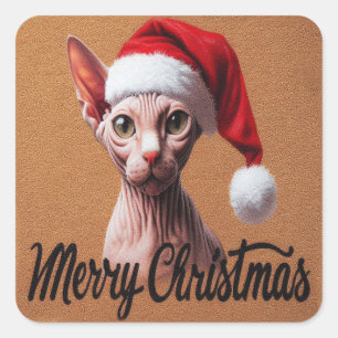 Pegatina Cuadrada Feliz Navidad Sfinx Cat, Navidad Santa Sphynx