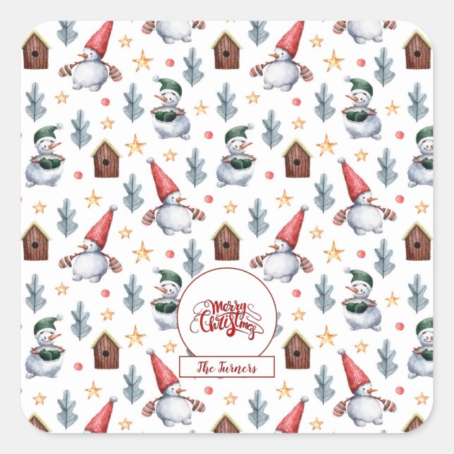 Pegatina Cuadrada Feliz Navidad Snowflakes Snowflakes Monograma (Anverso)