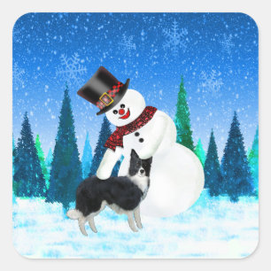 Pegatina Cuadrada Feliz Navidad Snowman y el collie fronterizo
