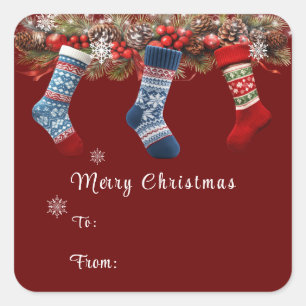 Pegatina Cuadrada Feliz Navidad Stockings Pine Cone Garland