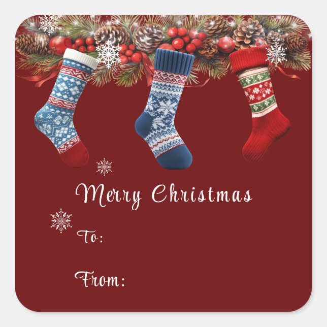 Pegatina Cuadrada Feliz Navidad Stockings Pine Cone Garland (Anverso)