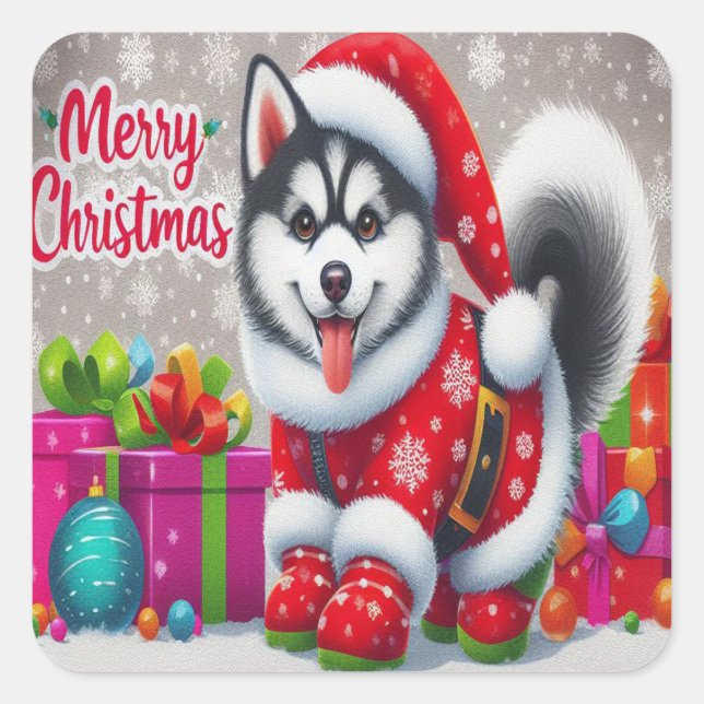 Pegatina Cuadrada Feliz Navidad Sunsical Siberian Husky Dog Xmas (Anverso)