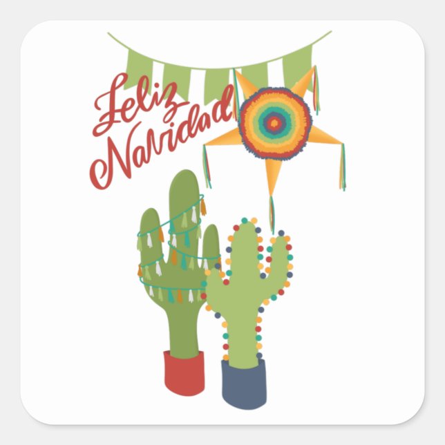 Pegatina Cuadrada Feliz Navidad tarjeta de vacaciones con cactus dec (Anverso)
