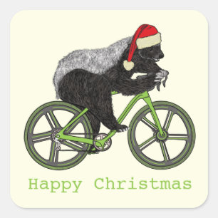 Pegatina Cuadrada Feliz Navidad Tejón Mielero En bicicleta