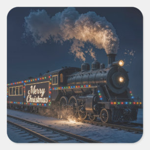 Pegatina Cuadrada Feliz Navidad Tren Antiguo en la Nieve