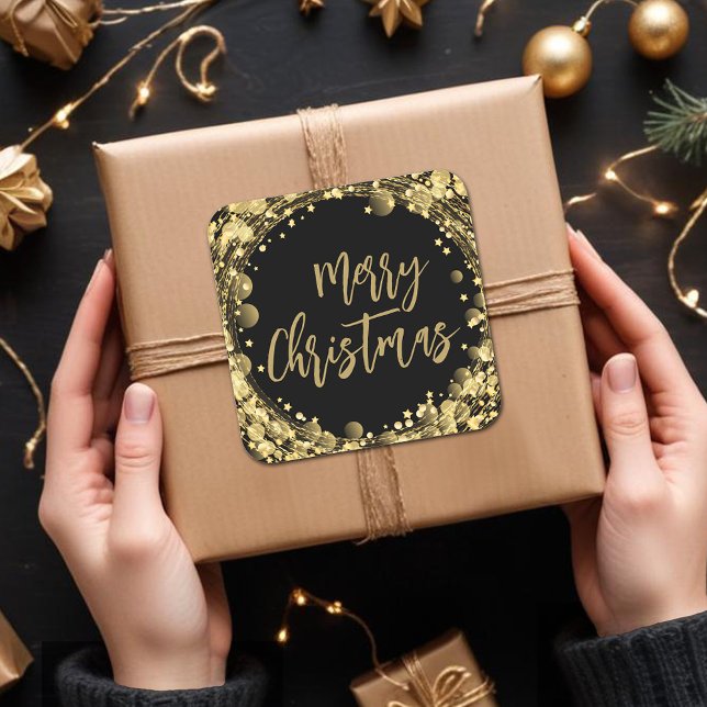 Pegatina Cuadrada Feliz Navidad Twinkling Gold Stars (Merry Christmas twinkling gold stars square stickers)