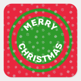 Pegatina Cuadrada Feliz Navidad Verde Rojo y Copos de Nieve