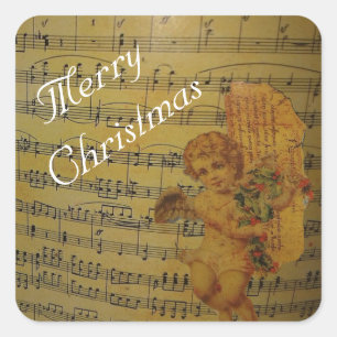 Pegatina Cuadrada Feliz Navidad Vintage Angle and Sheet Music