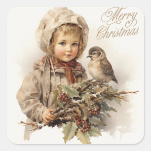 Pegatina Cuadrada Feliz Navidad Vintage Child con pájaro
