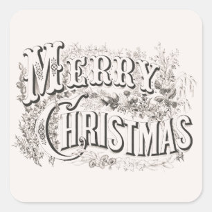 Pegatina Cuadrada Feliz Navidad, Vintage Currier & Ives (reprod)
