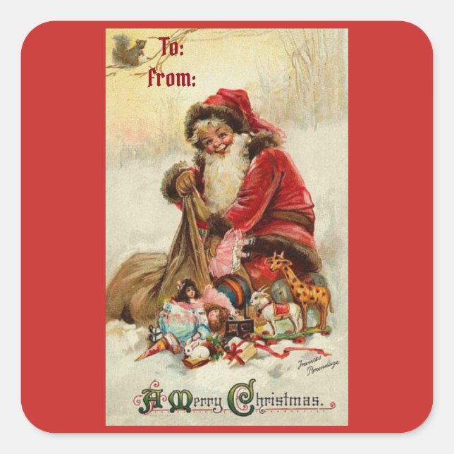 Pegatina Cuadrada Feliz Navidad Vintage Santa (Anverso)