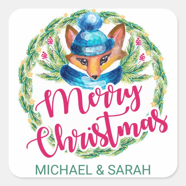 Pegatina Cuadrada Feliz Navidad | Watercolor WinFox (Anverso)