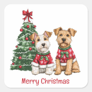 Pegatina Cuadrada Feliz Navidad Welsh Wire Fox Terrier Dogs