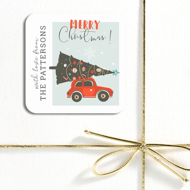 Pegatina Cuadrada Feliz Navidad Whimsical Car Tree Personalizado (Subido por el creador)
