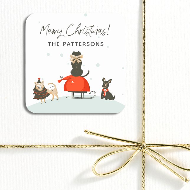 Pegatina Cuadrada Feliz Navidad Whimsical Cute Dogs Nombre personali (Subido por el creador)