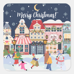 Pegatina Cuadrada Feliz Navidad Whimsy Wintown personalizado