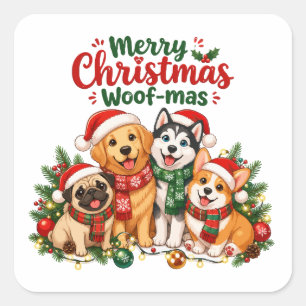 Pegatina Cuadrada Feliz Navidad Woof-mas Amantes de los Perros