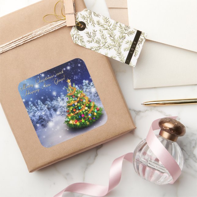 Pegatina Cuadrada Feliz Navidad y feliz año nuevo (Regalar)