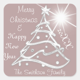 Pegatina Cuadrada Feliz Navidad y Feliz Año Nuevo Bronce gris