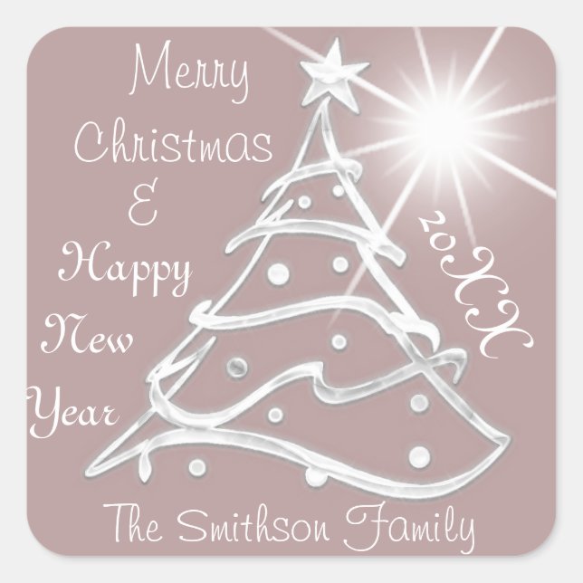 Pegatina Cuadrada Feliz Navidad y Feliz Año Nuevo Bronce gris (Anverso)