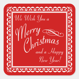 Pegatina Cuadrada Feliz Navidad y Feliz Año Nuevo Pegatinas Rojos