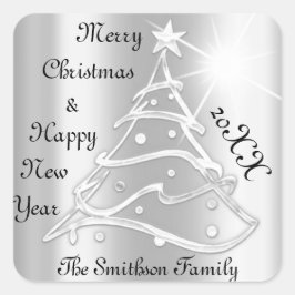 Pegatina Cuadrada Feliz Navidad y Feliz Año Nuevo Plata Gris