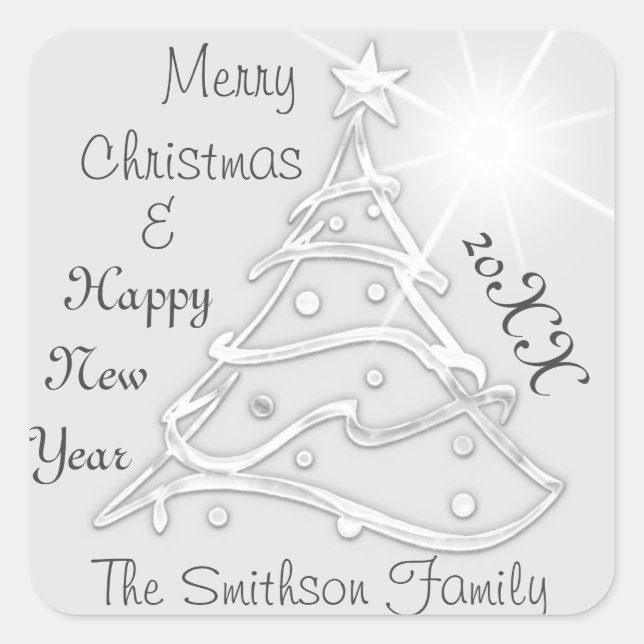 Pegatina Cuadrada Feliz Navidad y Feliz Año Nuevo Plata Gris (Anverso)