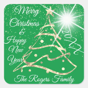 Pegatina Cuadrada Feliz Navidad y Feliz Año Nuevo Rojo