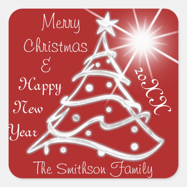 Pegatina Cuadrada Feliz Navidad y Feliz Año Nuevo Rojo Gris (Anverso)