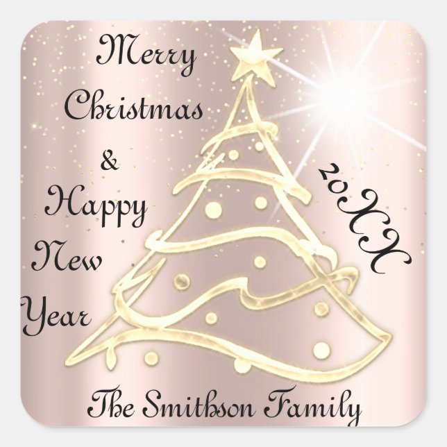 Pegatina Cuadrada Feliz Navidad y feliz oro del árbol de Año Nuevo R (Anverso)