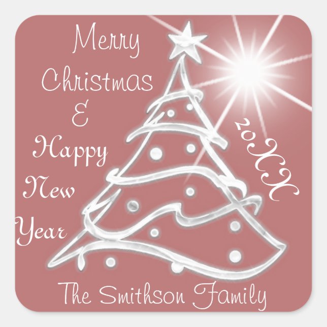 Pegatina Cuadrada Feliz Navidad y feliz Rosa gris de Año Nuevo (Anverso)