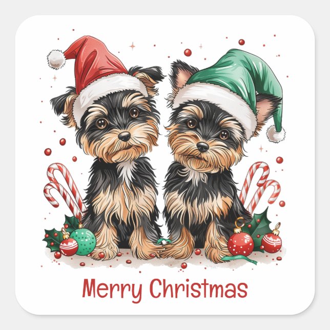 Pegatina Cuadrada Feliz Navidad Yorkshire Terrier Dogs (Anverso)