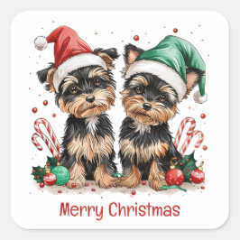 Pegatina Cuadrada Feliz Navidad Yorkshire Terrier Dogs