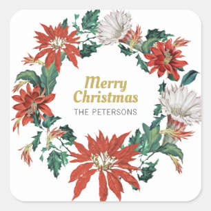 Pegatina Cuadrada Feliz nombre navideño Floral Poinsettia Wreath