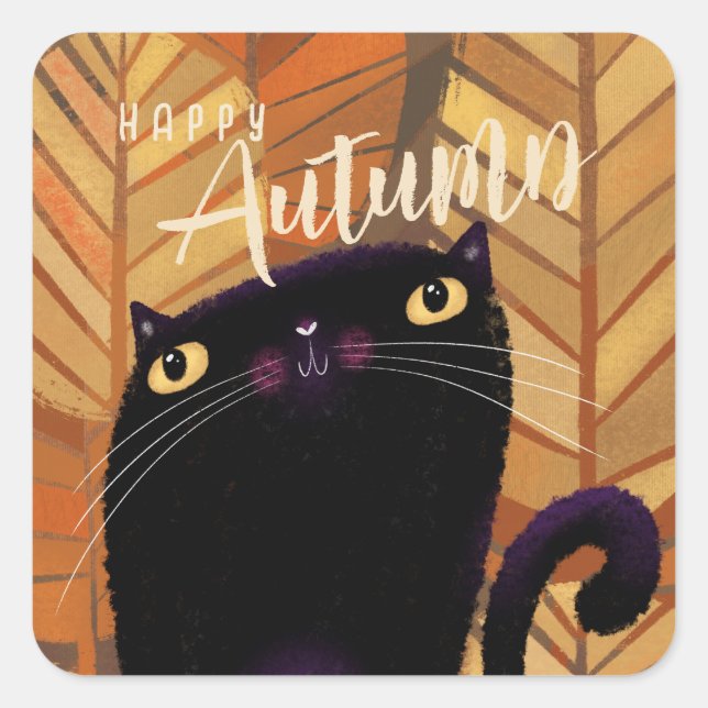 Pegatina Cuadrada Feliz otoño de gato negro de Halloween (Anverso)