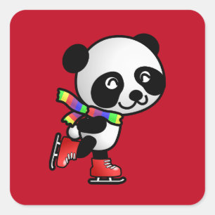 Pegatina Cuadrada Feliz Panda al patinaje