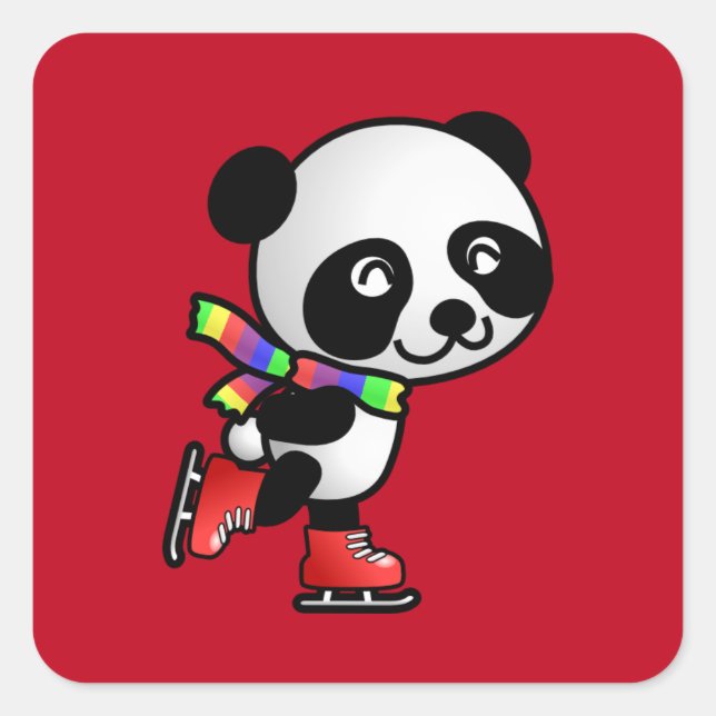 Pegatina Cuadrada Feliz Panda al patinaje (Anverso)