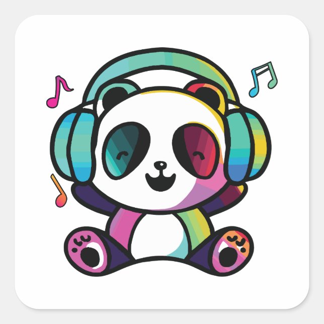 Pegatina Cuadrada Feliz Panda con auriculares escuchando música. (Anverso)