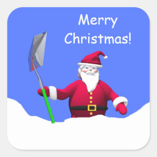 Pegatina Cuadrada Feliz Papá Noel de Navidad con Shovel