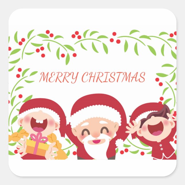 Pegatina Cuadrada Feliz Papá Noel Y Los Niños (Anverso)