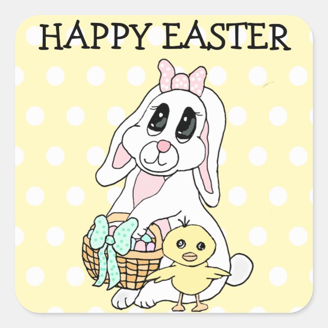 Pegatina Cuadrada Feliz Pascua a tu Conejo y a tu Chick (Anverso)