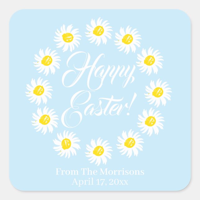 Pegatina Cuadrada Feliz Pascua azul margarita personalizado de marco (Anverso)