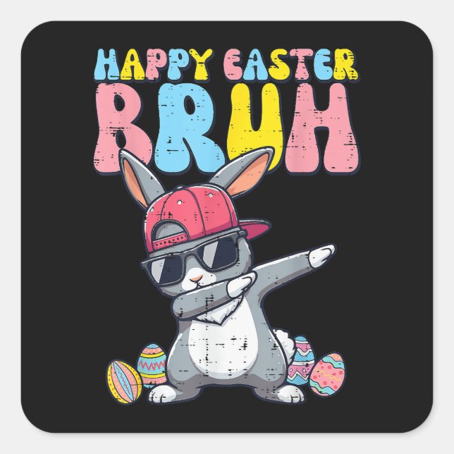 Pegatina Cuadrada Feliz Pascua Bruh Conejo Dab Bailarín Conejo (Anverso)