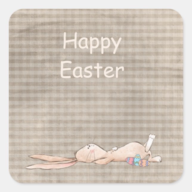 Pegatina Cuadrada Feliz Pascua Chill Bunny Rabbit Eggs Gingham (Anverso)