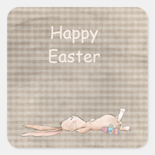 Pegatina Cuadrada Feliz Pascua Chill Bunny Rabbit Eggs Gingham