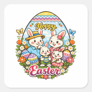 Pegatina Cuadrada Feliz Pascua Colorido Conejo de Dibujos Animados F